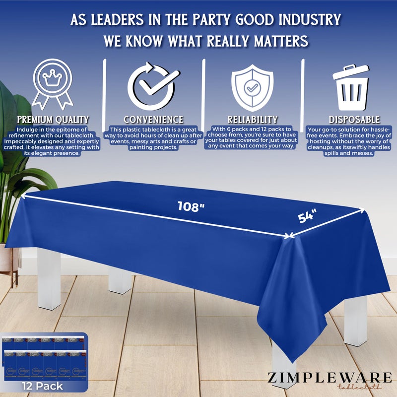 ZIMPLEWARE Premium Blue Plastic Table Cloth Disposable (12 Pk) Plastic Tablecloths for Rectangle Tables (54in x 108in) Party Table Cloths Disposable for 6ft to 8ft Rectangle Tables - Image 3